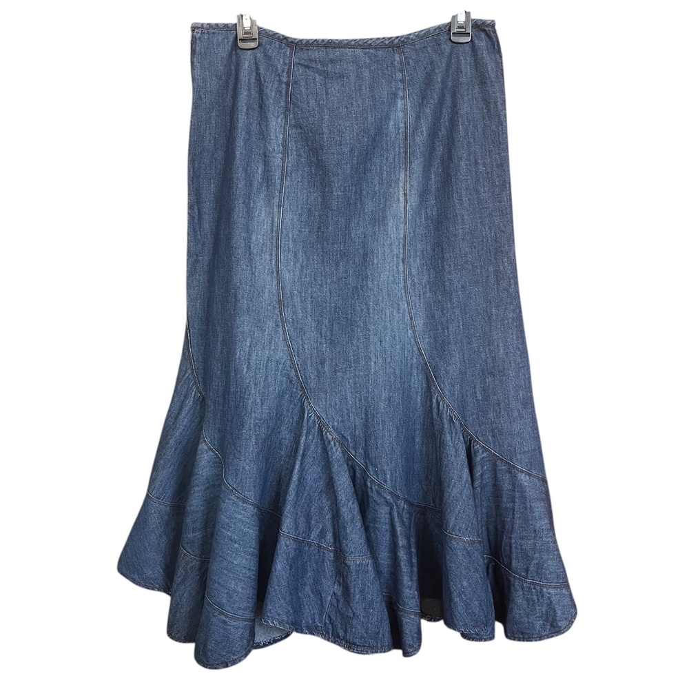 Vtg Style & Co Blue Denim Ruffled Boho Western 90s Y2k Midi Skirt Size 12 Euc